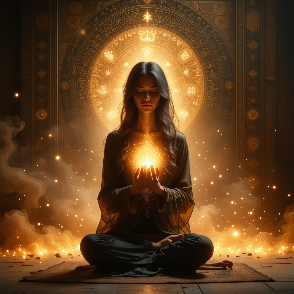 A woman holding a glowing Islamic talisman while meditating with Arabic calligraphy background