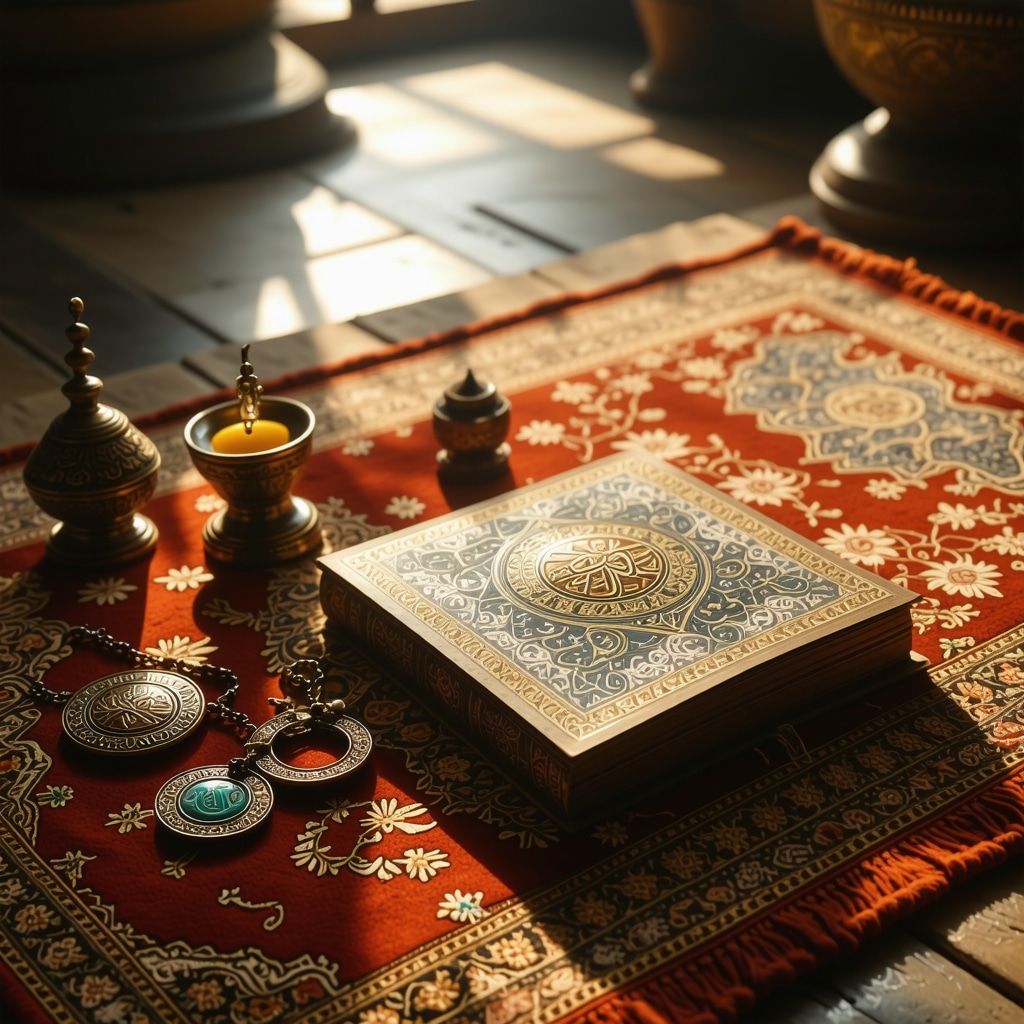 Islamic spiritual setting with amulets and Quran, peaceful and sacred ambiance