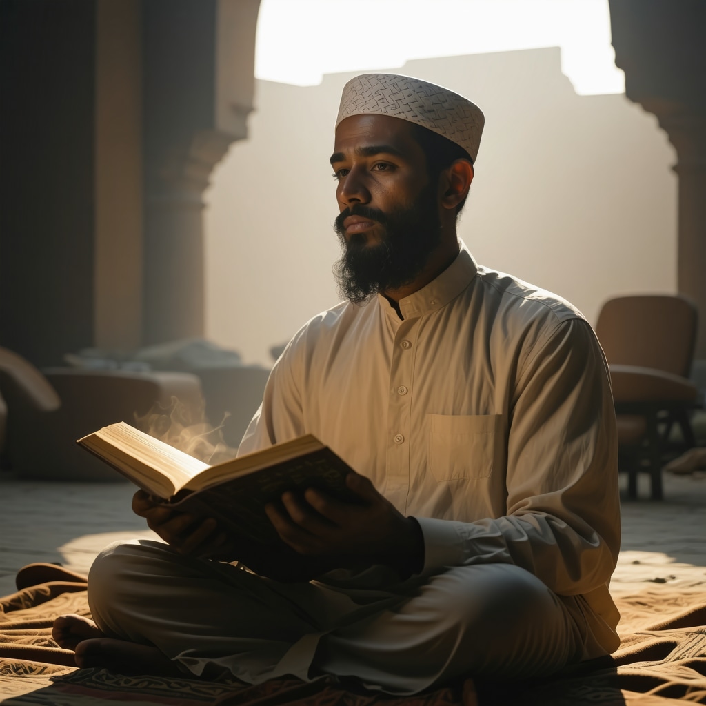 Muslim man performing dhikr with spiritual aura