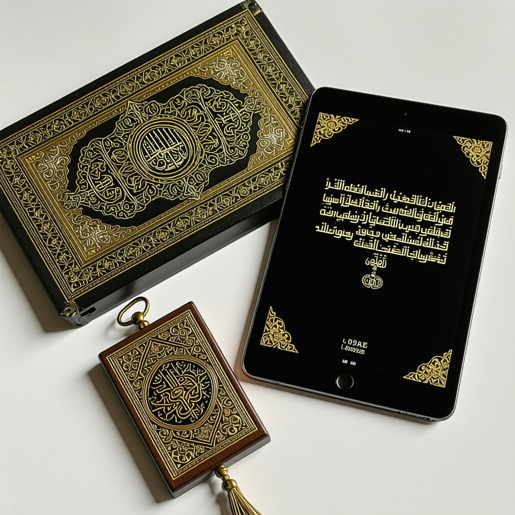 Traditional Islamic amulet next to a digital tablet displaying Quranic verses in a serene study environment
