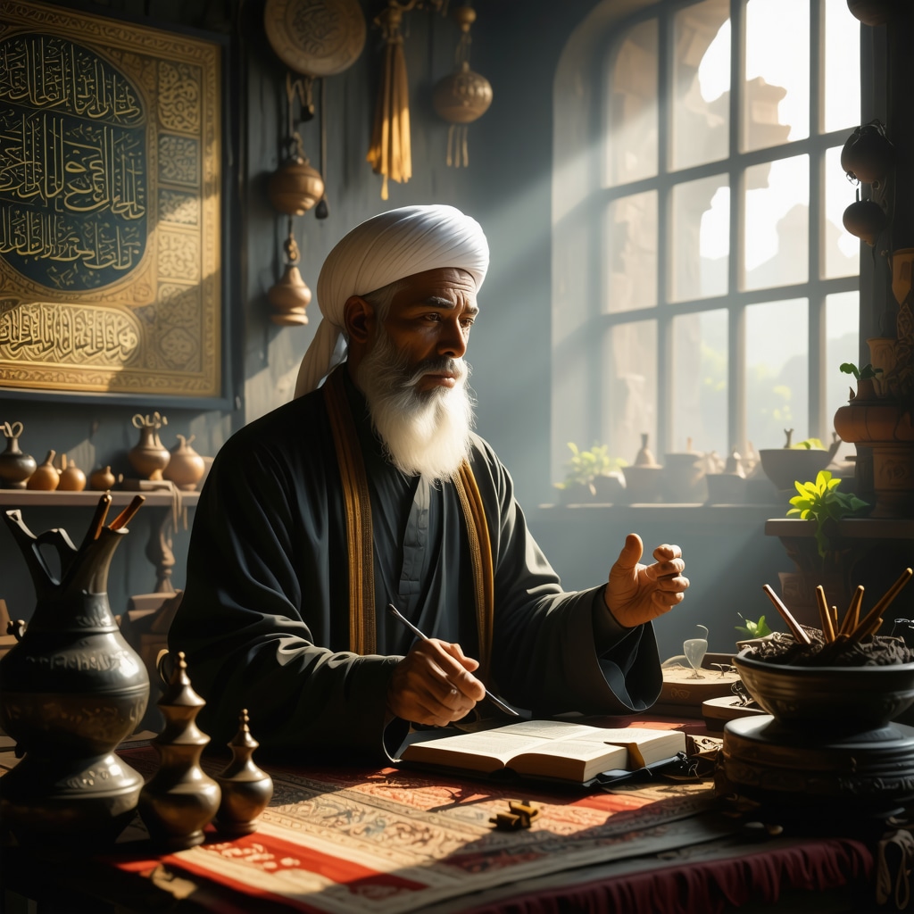 An Islamic scholar explaining spiritual talismans and their protective power amidst Quranic calligraphy and symbols