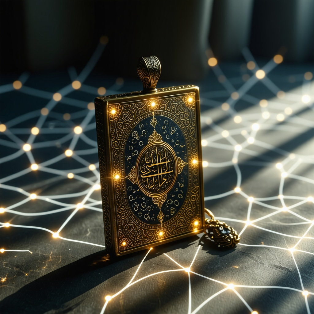 Islamic amulet glowing softly with Quranic inscriptions and neural network patterns in the background