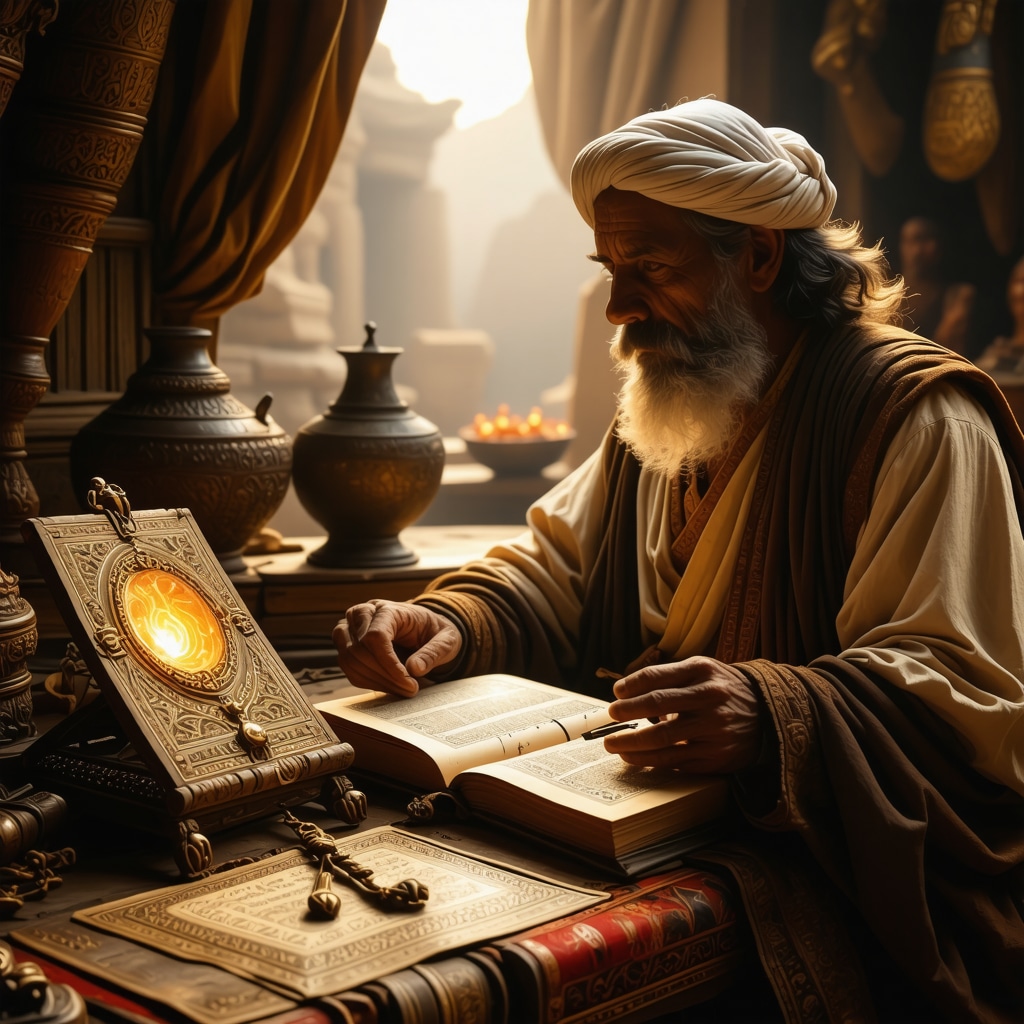 Islamic scholar reflecting on Quranic amulet and ancient manuscripts in a serene study