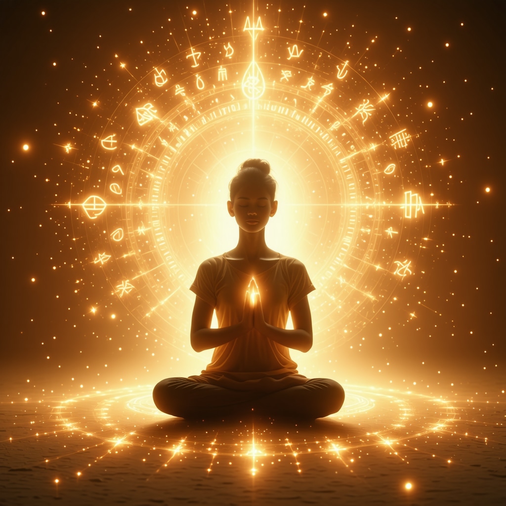 Person meditating with glowing symbols of Allah's names around, representing spiritual energy and protection