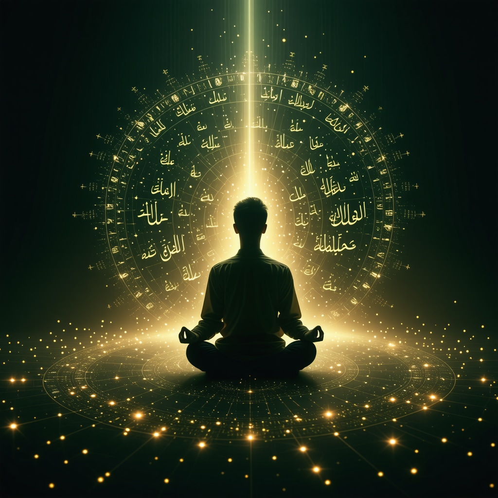 Person meditating with glowing Arabic script of 99 Allah names and neural network patterns symbolizing neuroplasticity and spiritual healing