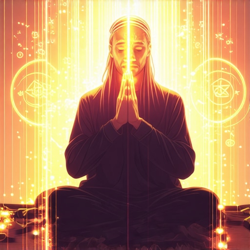 Person praying with Islamic symbols and amulets radiating spiritual energy.