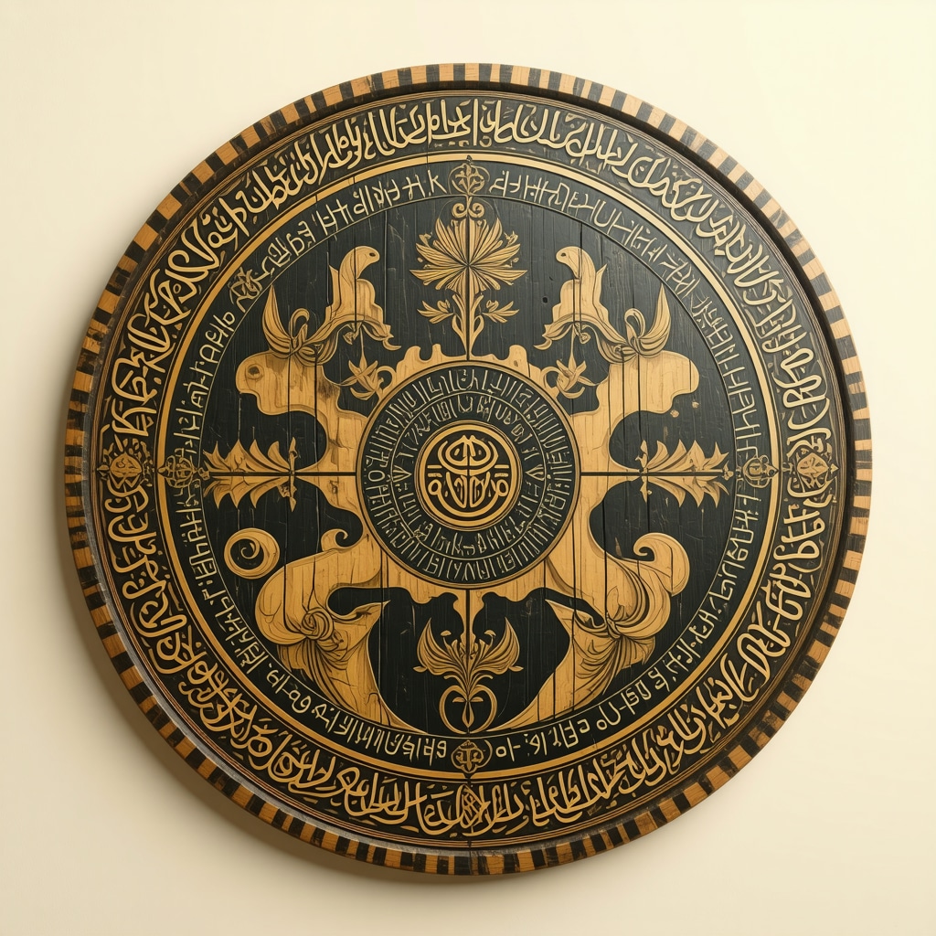 Close-up of a traditional Islamic talisman featuring symbols and calligraphy, made from wood and metal