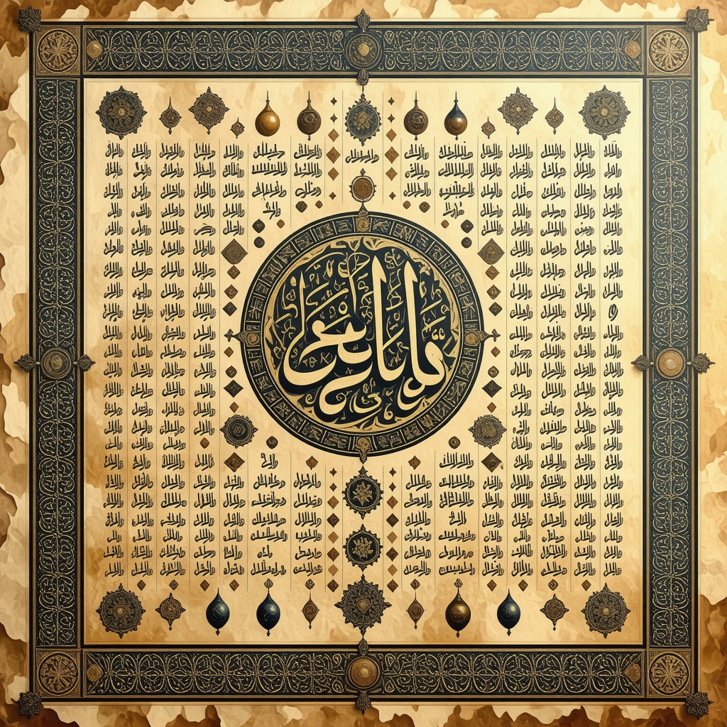 Islamic talismans and calligraphy of 99 names of Allah symbolizing spiritual protection