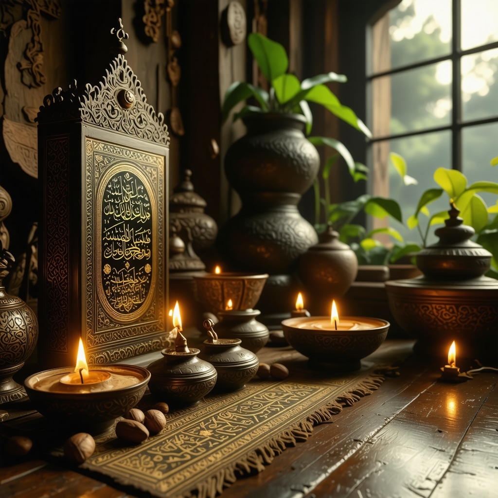 Glowing traditional Islamic talismans with Quranic calligraphy in a peaceful spiritual setting
