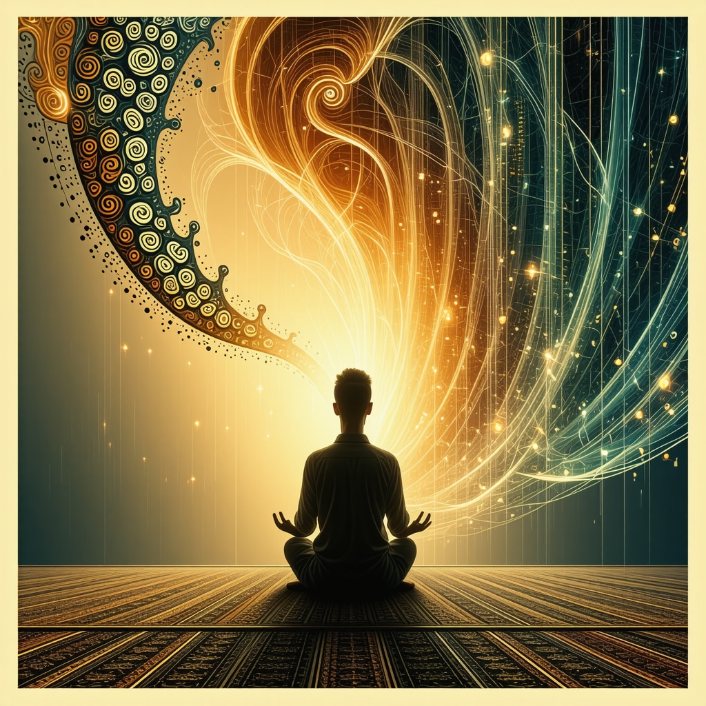 Artistic representation of spiritual energy and brainwave patterns in Islamic dhikr practice