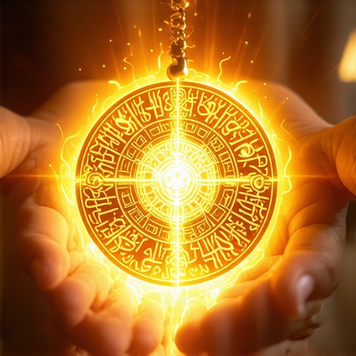 Person holding glowing Islamic amulet radiating spiritual energy in peaceful environment.