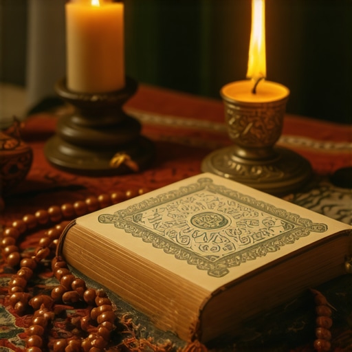 Islamic spiritual practice scene with Quran and prayer beads