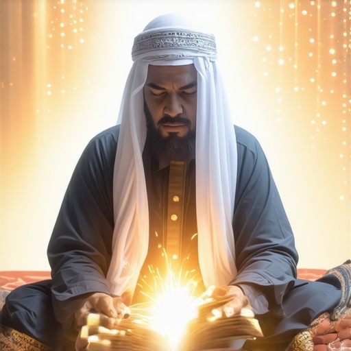 Muslim praying with glowing Quran and Allah's names