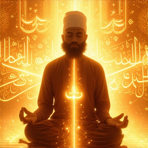 Duhovna zaštita s islamskim simbolima Person meditating with glowing Islamic symbols and Allah's names for spiritual protection.