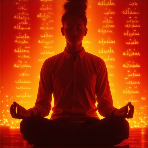 Duhovni mir i zaštita kroz Allahova imena Person meditating with glowing Allah's names around them, symbolizing divine protection and spiritual strength
