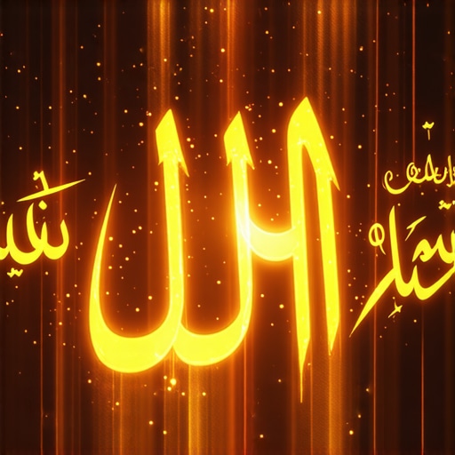 Islamic symbols and Allah's names glowing with spiritual energy, mystical background