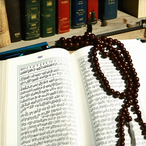 Spiritual practice with Quran, prayer beads, and peaceful environment
