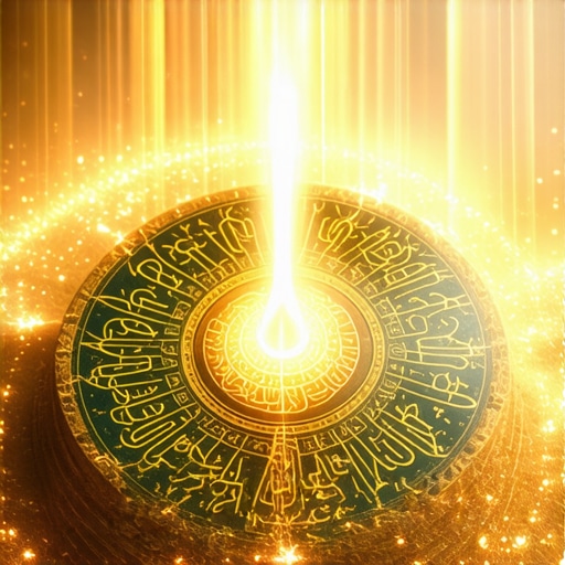 A glowing Islamic talisman with Quranic symbols and Allah's names, radiating spiritual energy