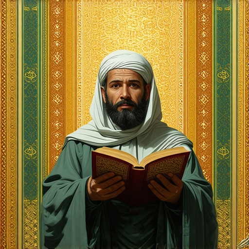Islamic scholar with Quran and spiritual symbols Islamic scholar studying Quran with spiritual symbols around