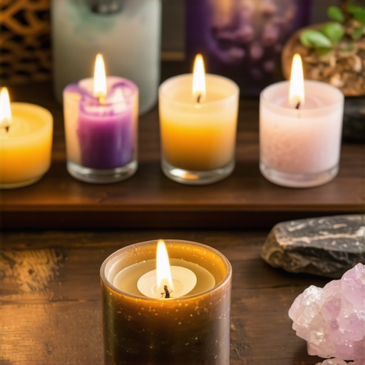 Advanced Spiritual Protection Rituals Workspace A peaceful workspace with spiritual symbols, crystals, and candlelight for advanced protection rituals.