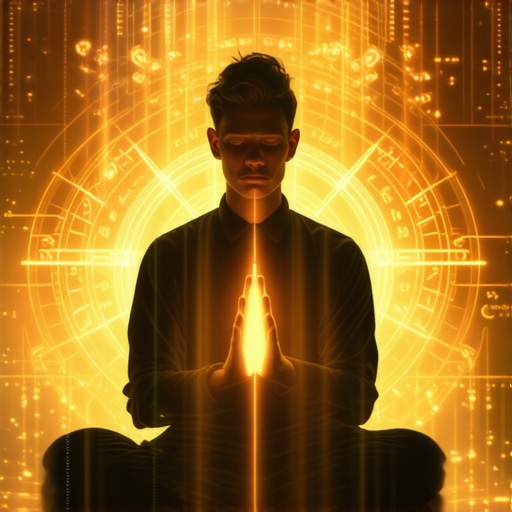 Advanced Spiritual Protection Symbols and Prayers A person praying with glowing symbols and sacred geometries around, symbolizing deep spiritual defense mechanisms.