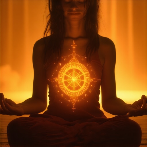 Deep Spiritual Energy with Symbols Meditating person with glowing symbols and talismans in mystical setting