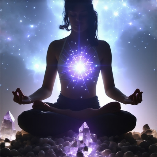 Duhovno isceljenje kroz meditaciju i kristale Person meditating with crystals and light visualization, symbolizing spiritual awakening and high vibrational energy