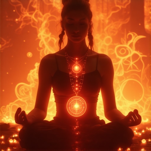 Duhovno osnaživanje sa amajlijama i simbolima Meditating person with glowing amulets and symbols for spiritual energy and protection