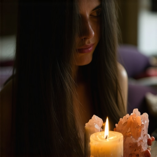 Detaljan prikaz rituala sa kosom, kristalima i svetlucavim svećama