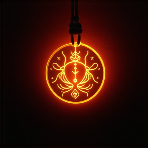 Personal Protective Amulet for Drivers Amulet with spiritual symbols glowing softly in a car interior, symbolizing safety and inner peace.