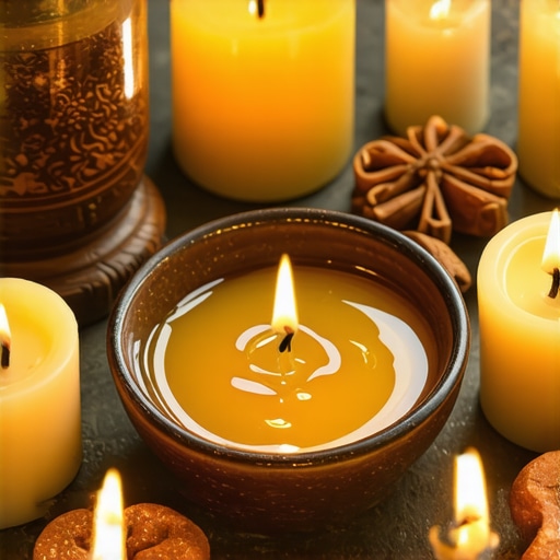 A serene scene with honey, candles, and sacred symbols illustrating a love ritual.