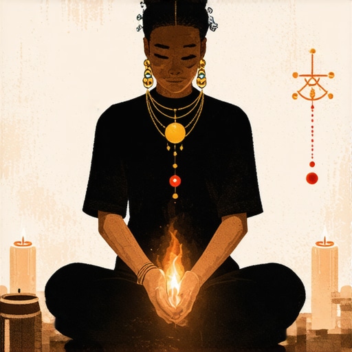 Spiritual protection ritual visual Person performing spiritual protection ritual with symbols and amulets
