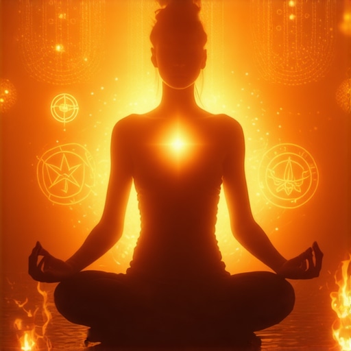 Meditating person with glowing aura and spiritual symbols