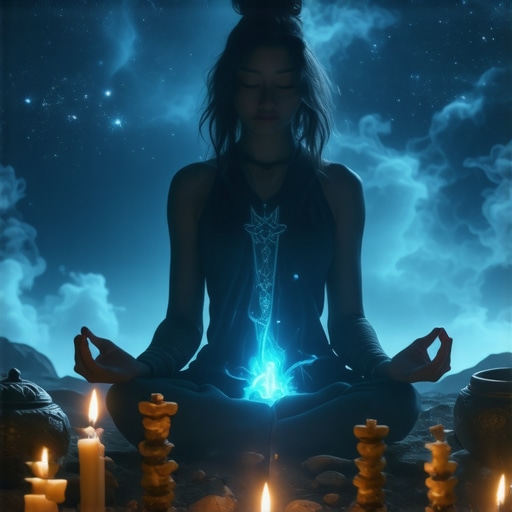 Spiritual scene with symbols of protection and meditation