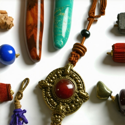 Array of traditional talismans and symbols used for spiritual protection and wealth attraction.