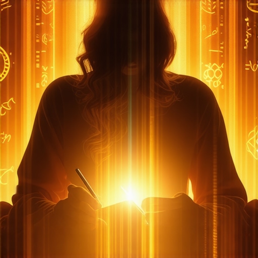 Spiritual scene with symbols and glowing aura around a person writing