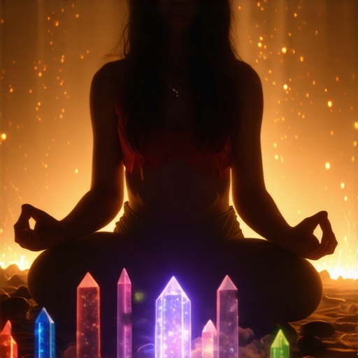 Meditating person with glowing symbols and crystals for spiritual power