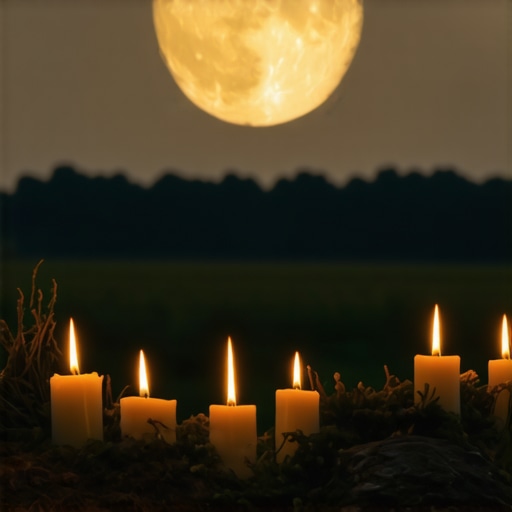 Full moon ritual setup for spiritual protection Serene outdoor ritual under full moon with candles and natural elements