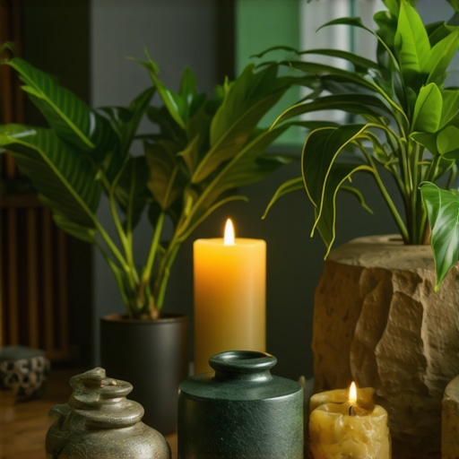 Interior of a harmonious Feng Shui space with prosperity symbols and green plants