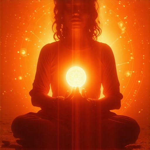 Osoba meditira sa svetlećim amajlijom u ruci, okružena duhovnim simbolima i svetlom, ističući unutrašnju snagu i zaštitu