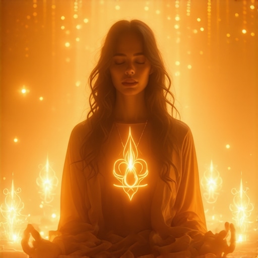 Duhovna meditacija sa svetim simbolima i energijama, mirna i mistična scena, visok detalj.