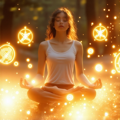 Osoba meditira u prirodi sa svetlećim simbolima oko, simbolizujući duhovnu energiju i visoke vibracije