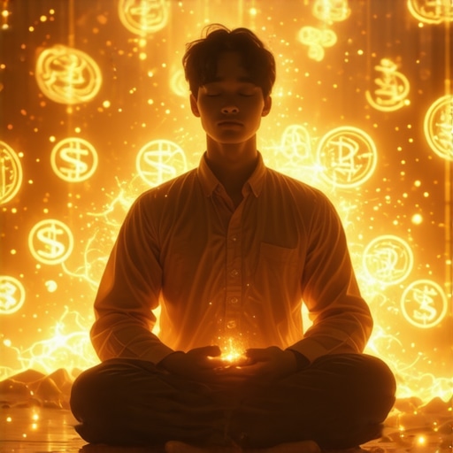 Meditation for Financial Abundance Person meditating with glowing symbols of wealth and abundance.