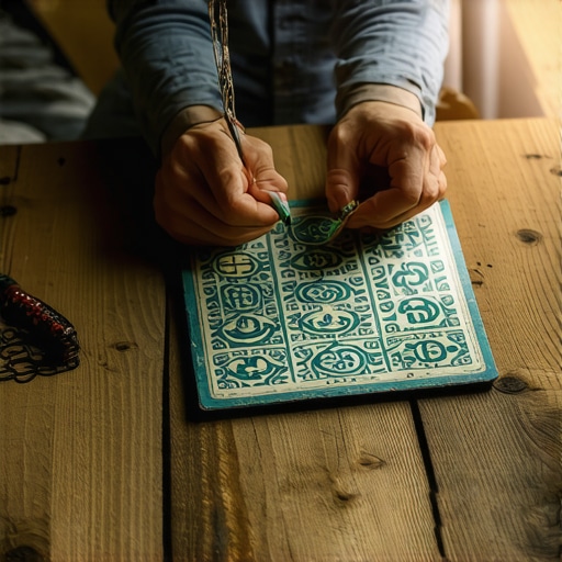 Individual crafting a custom amulet with symbols and inscriptions for protection and luck, in a peaceful environment.