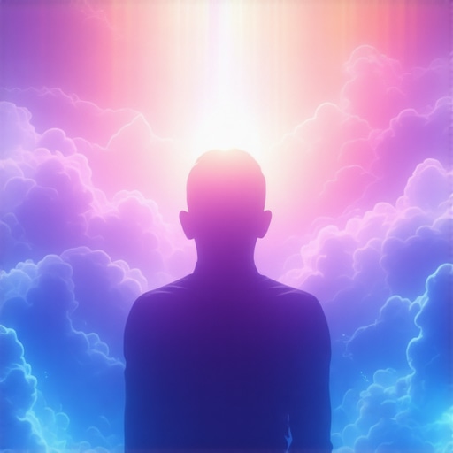 A serene scene of spiritual rituals and meditation symbols radiating divine energy