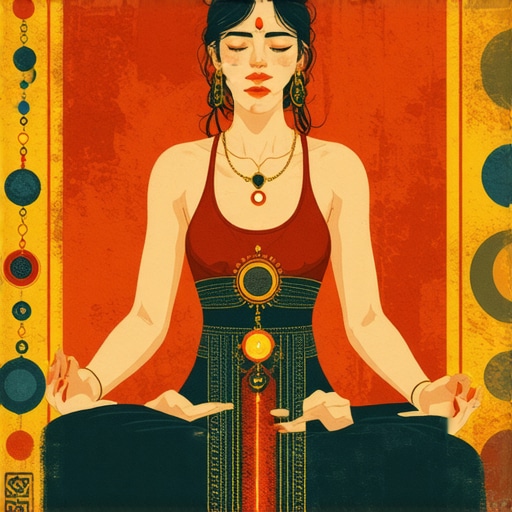 A woman meditating with amulets and symbols for spiritual protection
