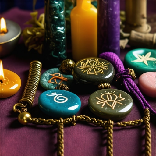 Spirit protection ritual with amulets and symbols, mystical atmosphere