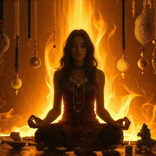 Meditacija uz balkanske amulete Žena meditira okružena balkanskim amuletima, vizualizacija duhovne energije, mirna atmosfera