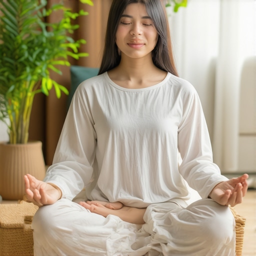 Osoba meditira u svom domu, okružena elementima koji simbolizuju duhovnu zaštitu i mir, održavajući pozitivnu energiju.