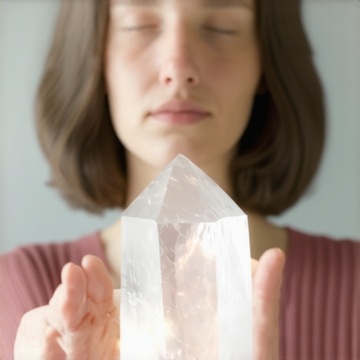 Žena meditira s kristalom, programirajući ga za postizanje željenih ciljeva i privlačenje pozitivne energije.